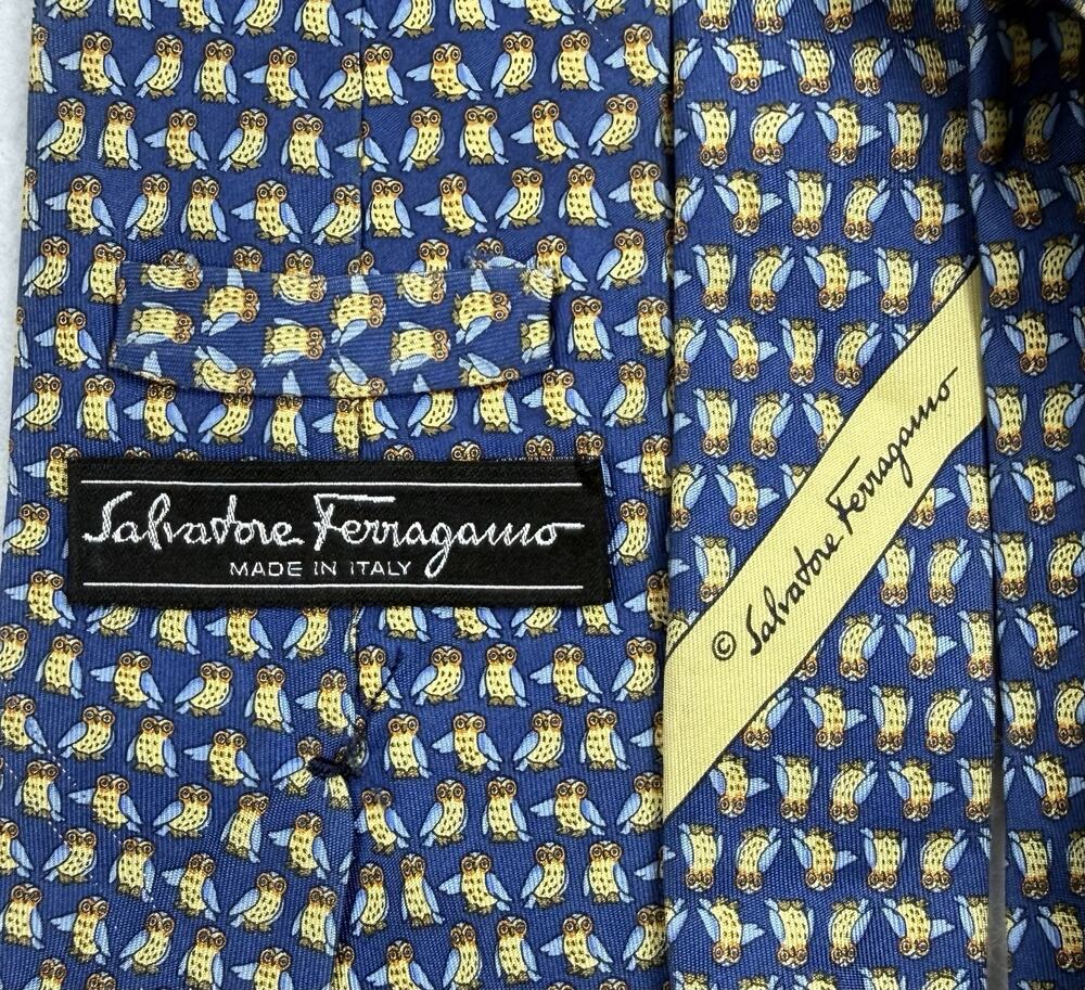 Salvatore Ferragamo silk tie whimsical owl Italy